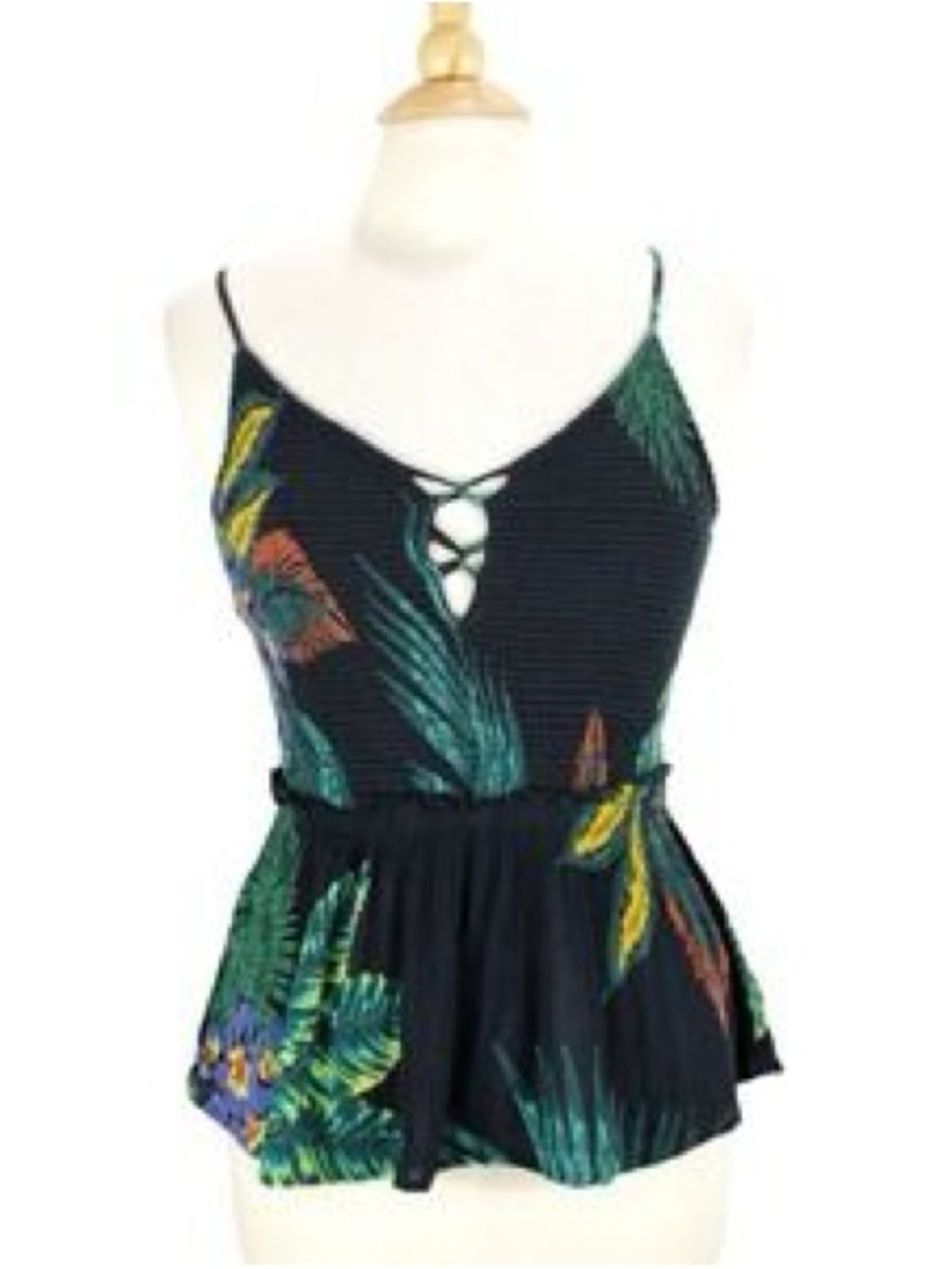 Patrons of Peace Black Tropical Leaf Lace-Up Peplum Cami